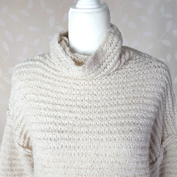 Aerie Cozy Fuzzy Open Knit Cowl Neck Sweater Oversized Cream Small - Picture 3 of 14